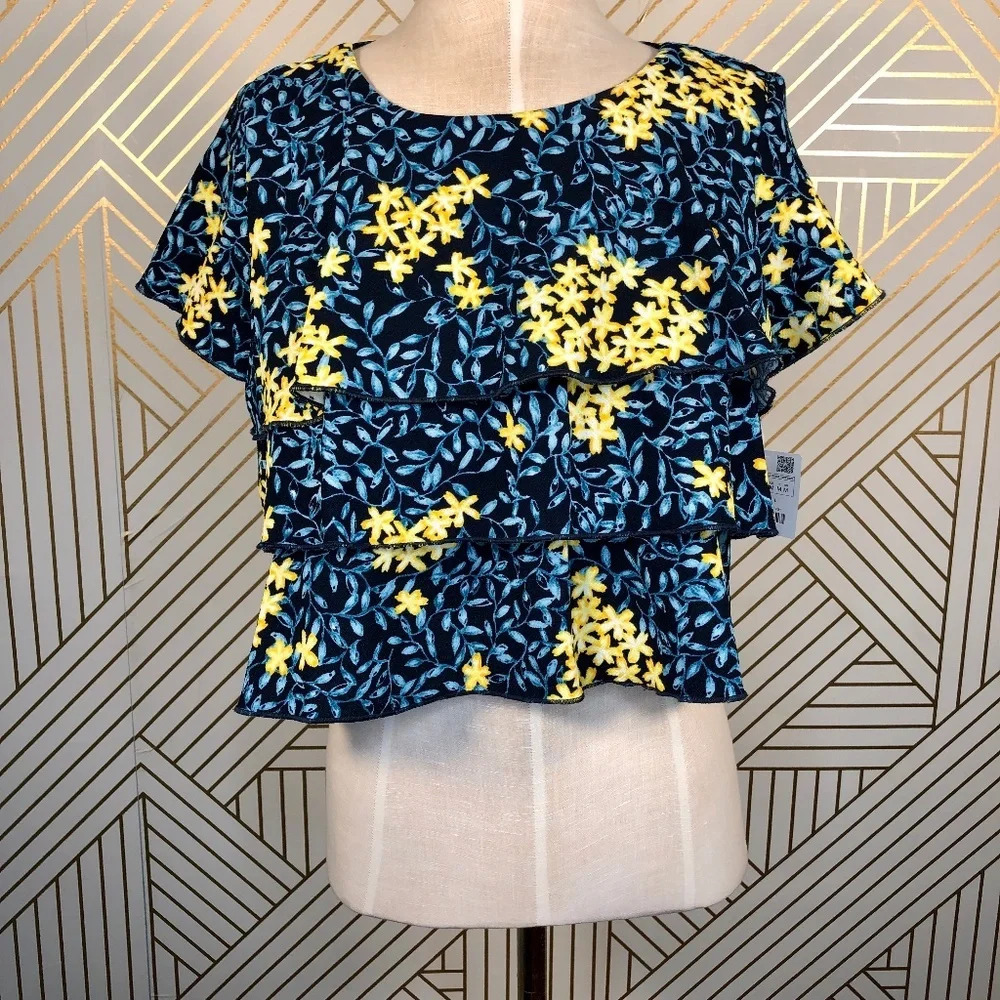 Zara Ruffle Frill Crop Top Navy Blue Floral Print
